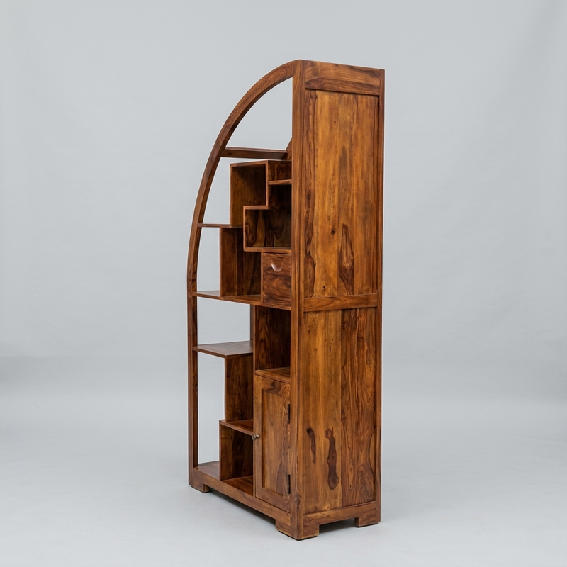 Suryavanshi Sheesham Wood Book Rack – 1 Door, 1 Drawer, Half Round Shape (Semicurcular, W90 D40 H180 cm)