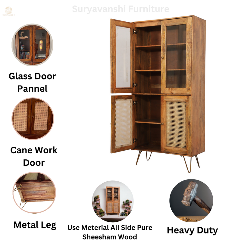 Nay-7 Sheesham Wood 4 Door Soft Closed Shelves Storage Kitchen Cabinet ( Honey Finish )
