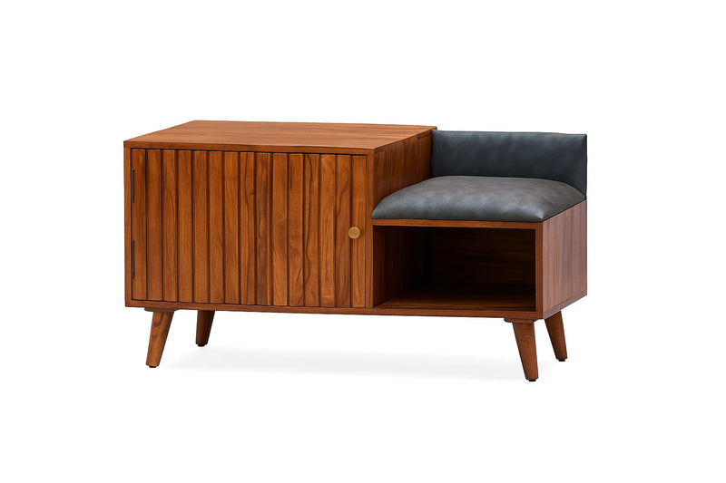 Suryavanshi Modern Wooden Shoe Cabinet With Seating – Sheesham Wood, Honey Finish