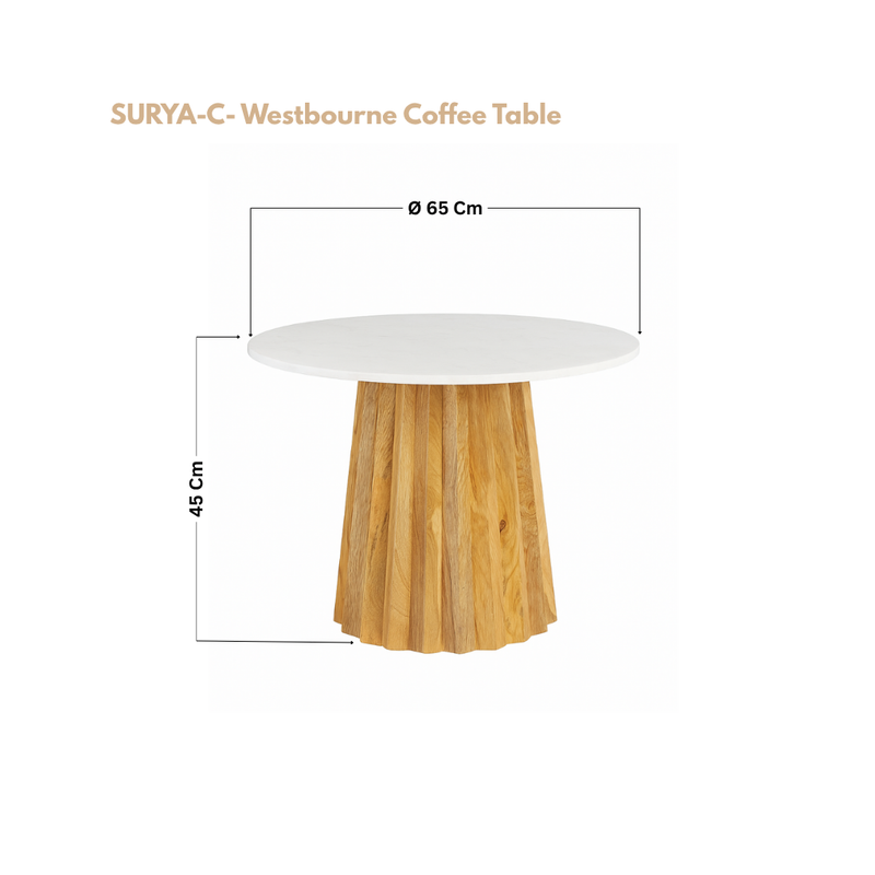 Suryavanshi Mango Wood Round Coffee Table with White Marble Top (W65 x D65 x H45 Cm)