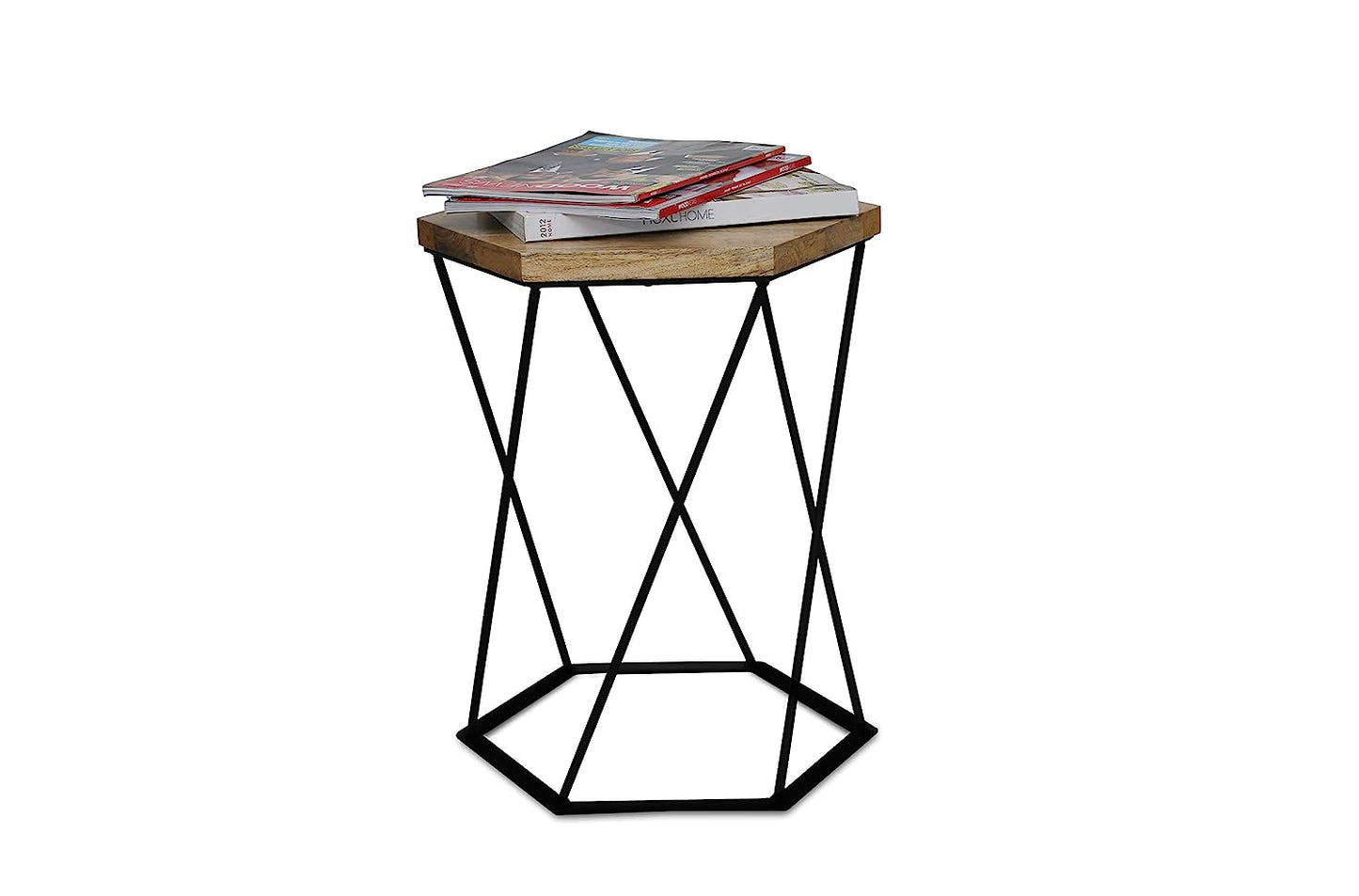 Suryavanshi Mango Wooden Side Table with Black Metal Leg Frame, Wooden Coffee Table, Side Table, End Table, Tea Table, Plant Stand, 41D x 35W x 50H Centimeters