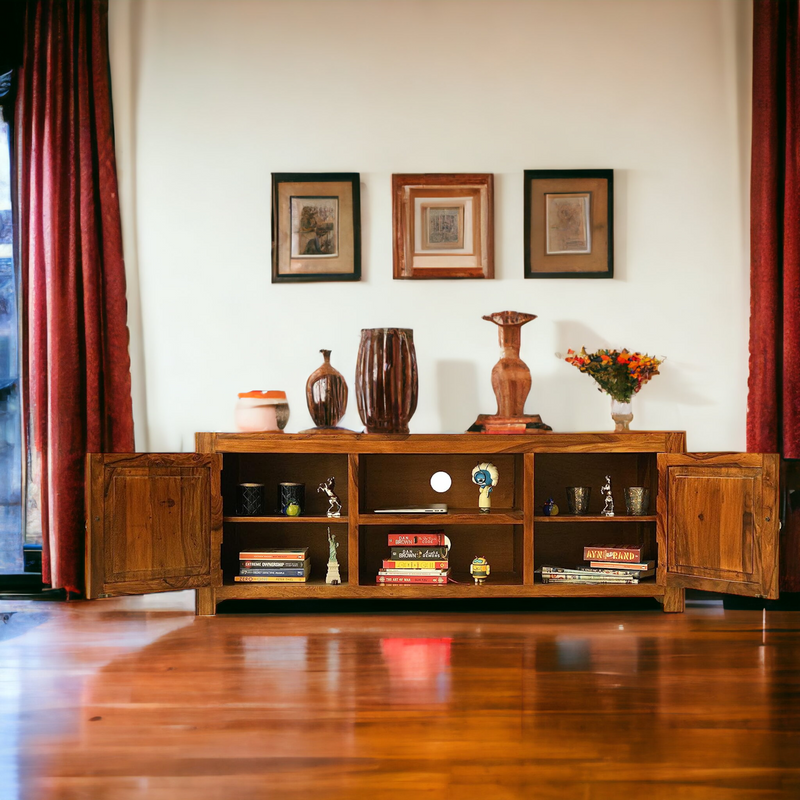 Suryavanshi Mango Wooden TV Cabinet with 2 Open Shelves & 2 Doors for Home TV Entertainment Unit Upto 55 Inches, Wooden Storage Cabinet, tv Unit, 40D x 147W x 55H Cm