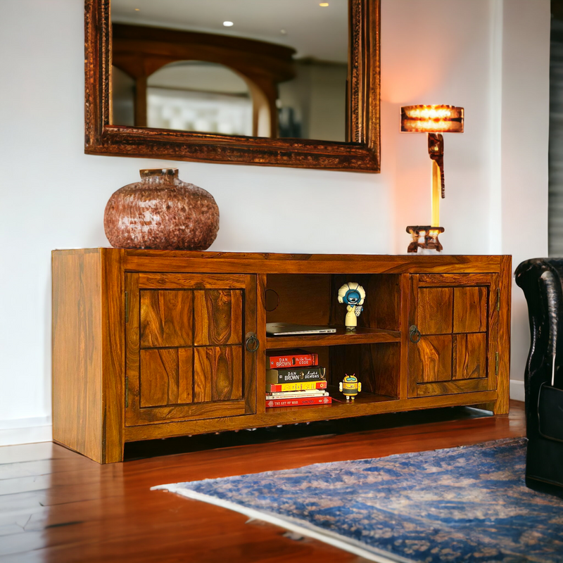 Suryavanshi Mango Wooden TV Cabinet with 2 Open Shelves & 2 Doors for Home TV Entertainment Unit Upto 55 Inches, Wooden Storage Cabinet, tv Unit, 40D x 147W x 55H Cm