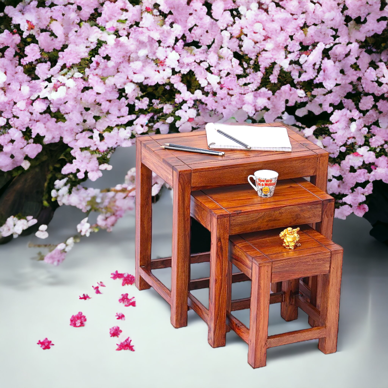 Suryavanshi Sheesham Wood Nest of 3 Tables – Space-Saving Elegance (W45 x D30 x H45 cm)