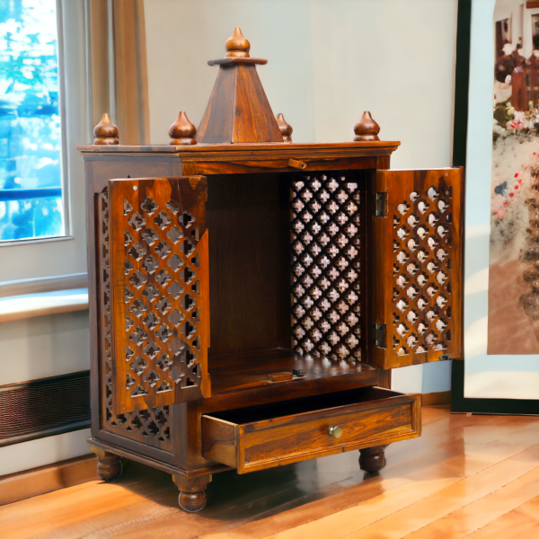 Suryavanshi Sheesham Wood Temple with 1 Drawer, 2 Doors, and CNC Work – A Divine Sanctuary of Elegance