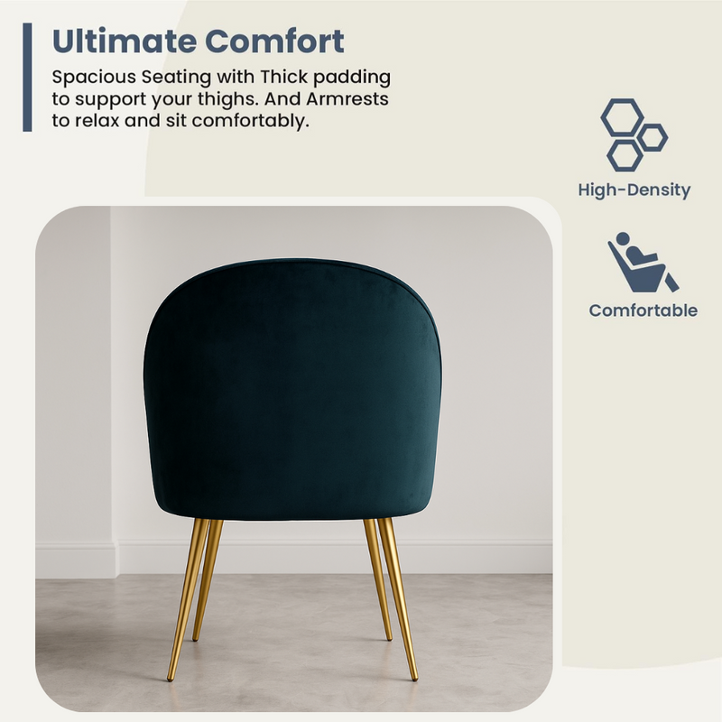 Suryavanshi Plush Dining Chair | Accent Chair for Living Room Bedroom Study Cafe Restaurant | Wooden Frame with Velvet Fabric & Cushion Seat with Metal Legs, (Navy Blue)