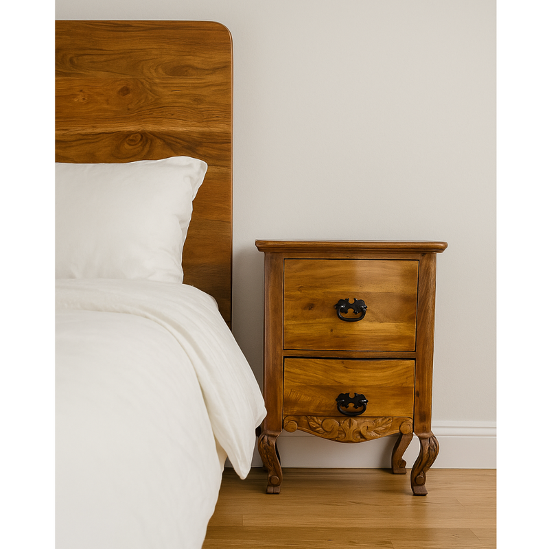 Suryavanshi Solid Sheesham Wood Bedside Table with 2 Drawers | Handcrafted Nightstand with Antique Handles (Natural Finish)