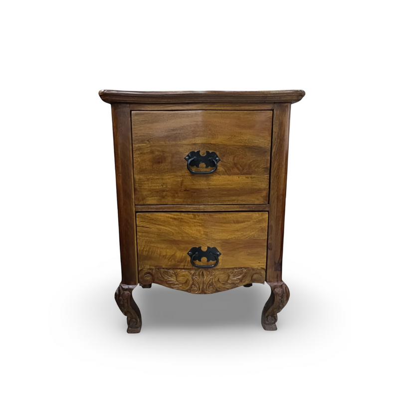Suryavanshi Solid Sheesham Wood Bedside Table with 2 Drawers | Handcrafted Nightstand with Antique Handles (Natural Finish)