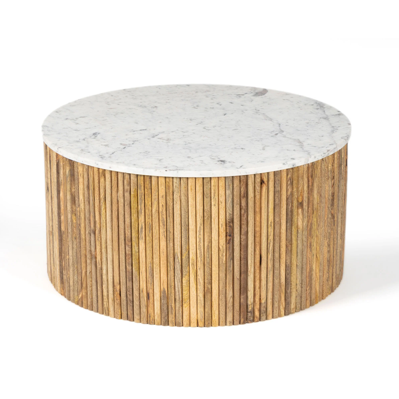 Suryavanshi Mango Solid Wood Round Center Table with White Marble Top for Living Room | Modern Coffee Table for Sofa Set | Contemporary Design | Natural Wood Finish