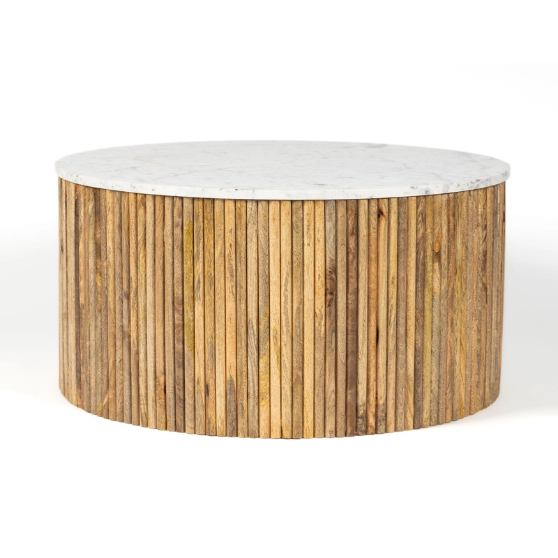 Suryavanshi Mango Solid Wood Round Center Table with White Marble Top for Living Room | Modern Coffee Table for Sofa Set | Contemporary Design | Natural Wood Finish