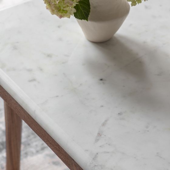 Suryavanshi Acacia Wood Dining Table with White Marble Top – Natural Finish