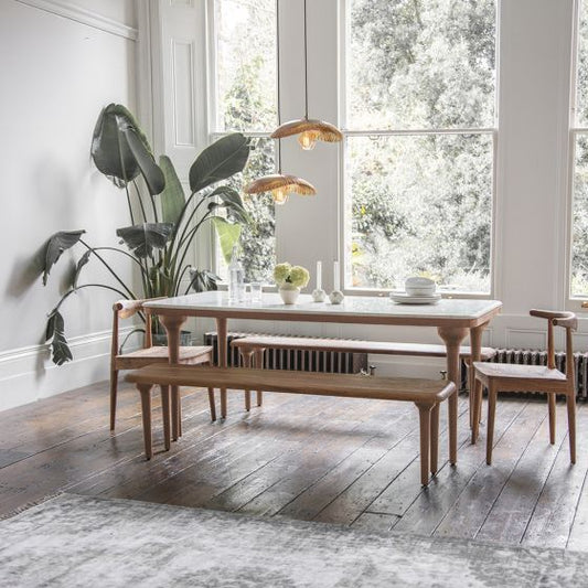 Suryavanshi Acacia Wood Dining Table with White Marble Top – Natural Finish