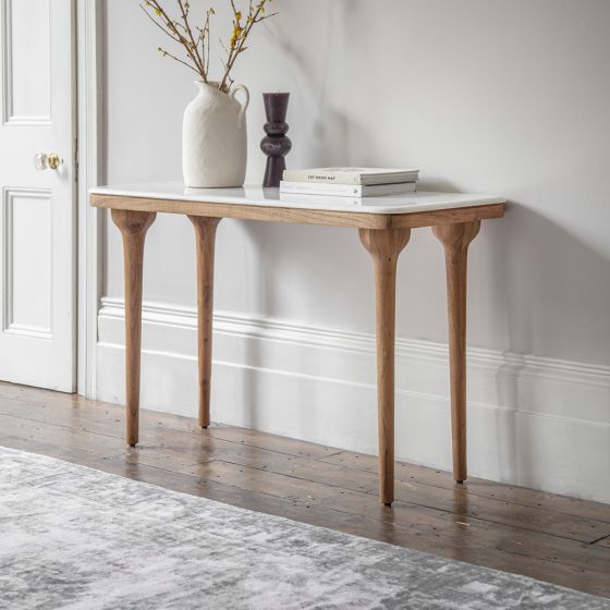 Suryavanshi Acacia Wood Cone Console Table - Timeless Elegance, Cool White Marble, and Versatile Functionality