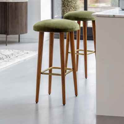 Suryavanshi Velvet Upholstery Bar Stool with Gold Powder-Coated Iron Detailing – Elegant Seating in Two Velvet Colors