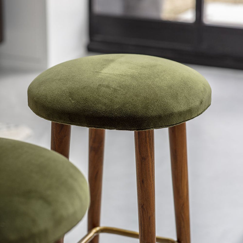 Suryavanshi Velvet Upholstery Bar Stool with Gold Powder-Coated Iron Detailing – Elegant Seating in Two Velvet Colors
