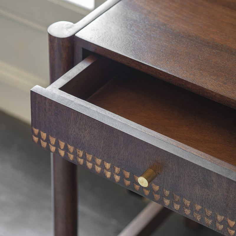 Suryavanshi Modern Writing Desk with Decorative Drawer Front, Dark Wood Finish, Brass Hardware(Walnut Finish)