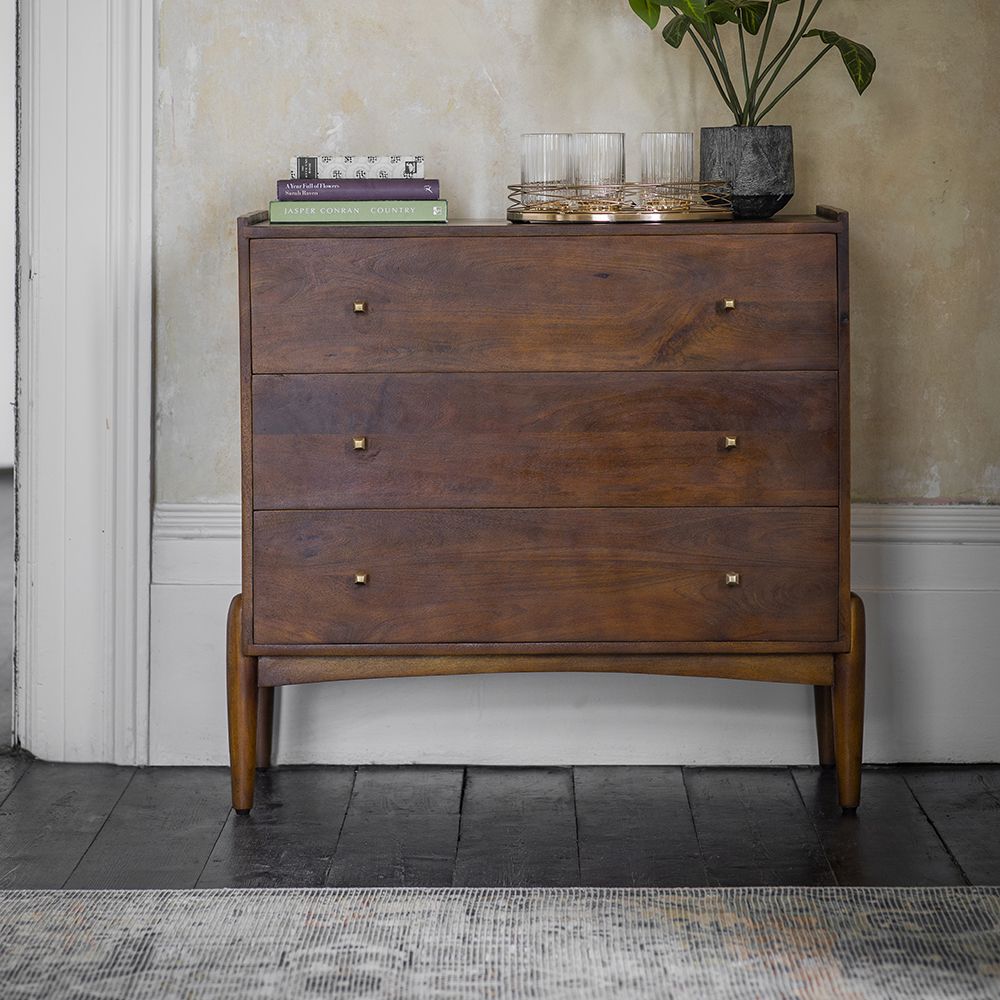 Suryavanshi Furniture Quinn Chest of 3 Drawers - Mango Wood and Brass Handles (Walnut Finish)