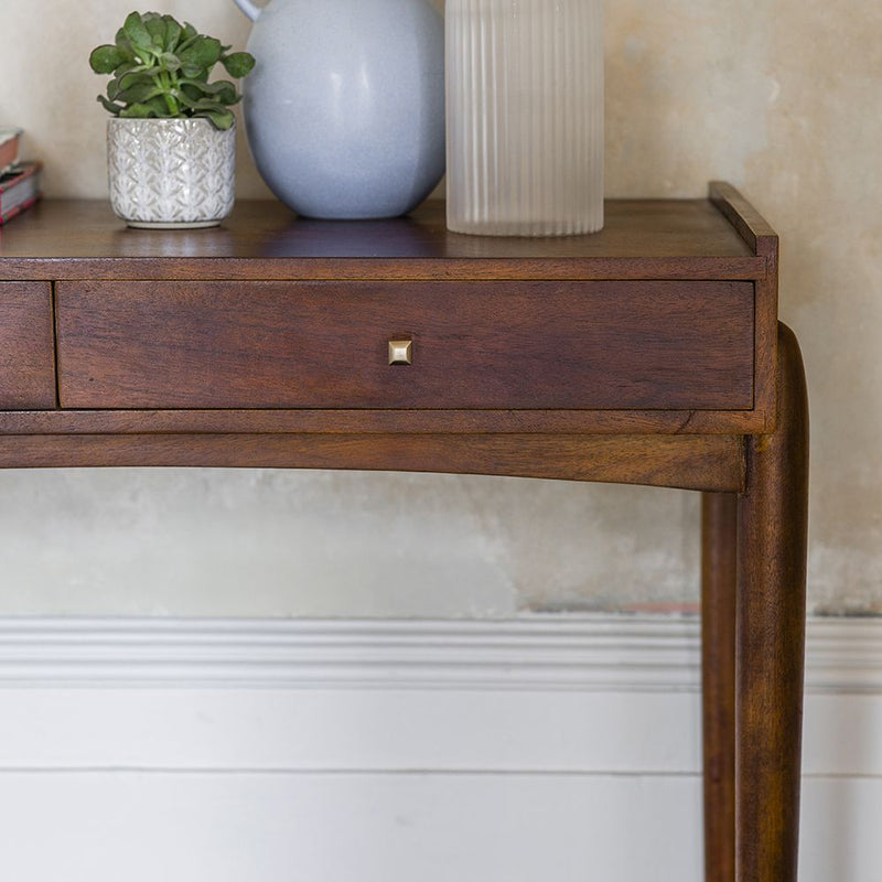 Suryavanshi Mango Wood Quinn Console Table - with Walnut Finish, Brass Handle, 2 Drawers