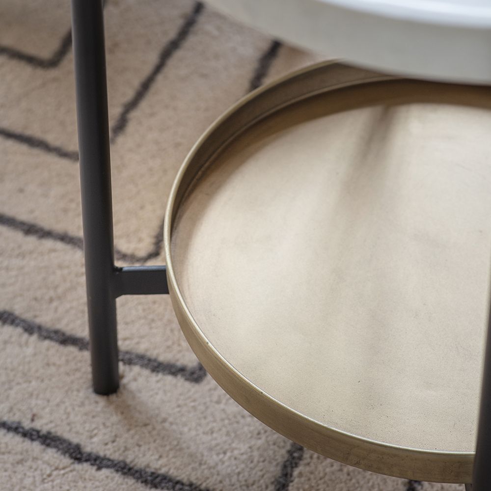 Suryavanshi Brooklyn Marble Top Side Table - Black Iron Legs, Brass Shelf, Circular Shape
