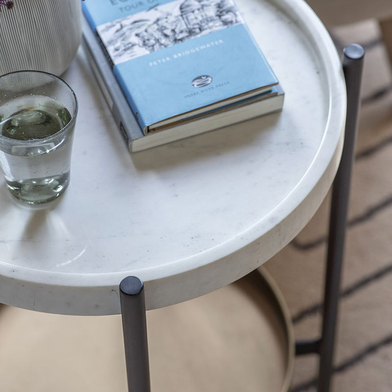 Suryavanshi Brooklyn Marble Top Side Table - Black Iron Legs, Brass Shelf, Circular Shape