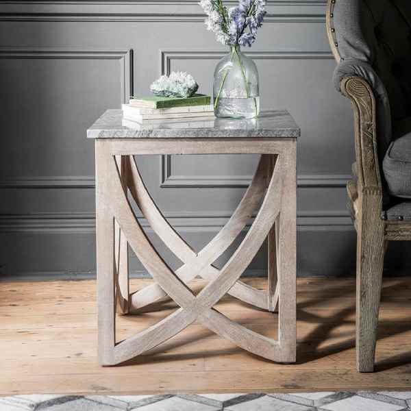 Suryavanshi Mango Wood Side Table with Grey Marble Top – A Touch of Elegance for Your Living Space