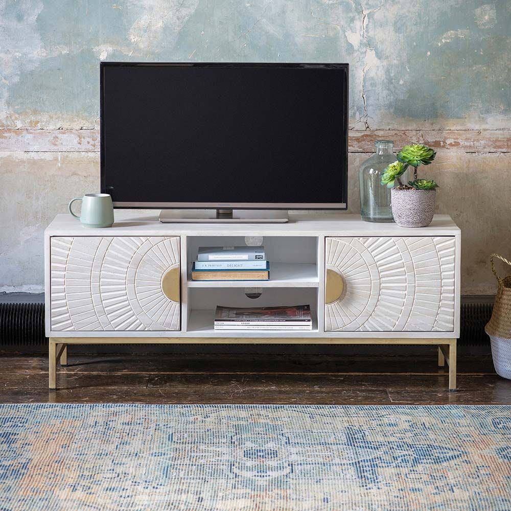 Suryavanshi Mango Wood Floor Standing TV Entertainment Unit Set Top Box Stand (White Finish)