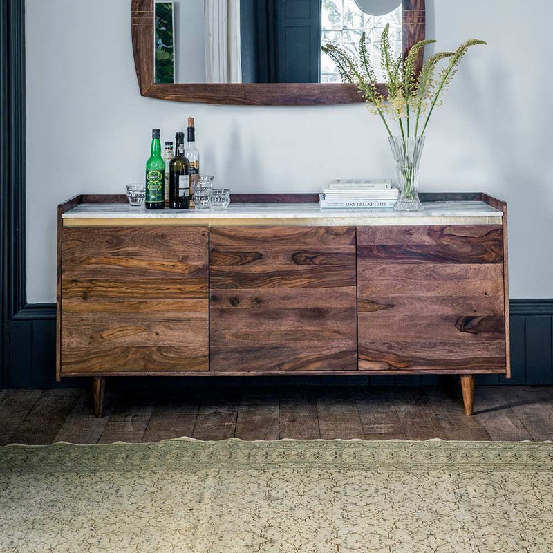Suryavanshi Solid Sheesham Wood Sideboard Cabinet with White Marble Top, 4-Line Brass Inlay & 1 Door Adjustable Shelf | Multipurpose Storage Unit for Living Room & Dining – (45D x 160W x 87H Cm)