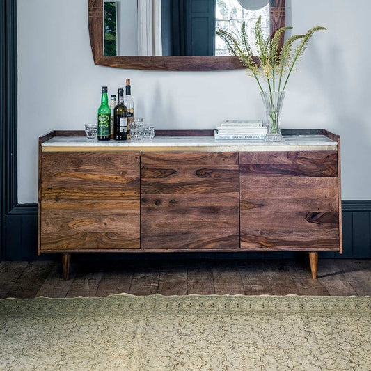 Suryavanshi Solid Sheesham Wood Sideboard Cabinet with White Marble Top, 4-Line Brass Inlay & 1 Door Adjustable Shelf | Multipurpose Storage Unit for Living Room & Dining – (45D x 160W x 87H Cm)