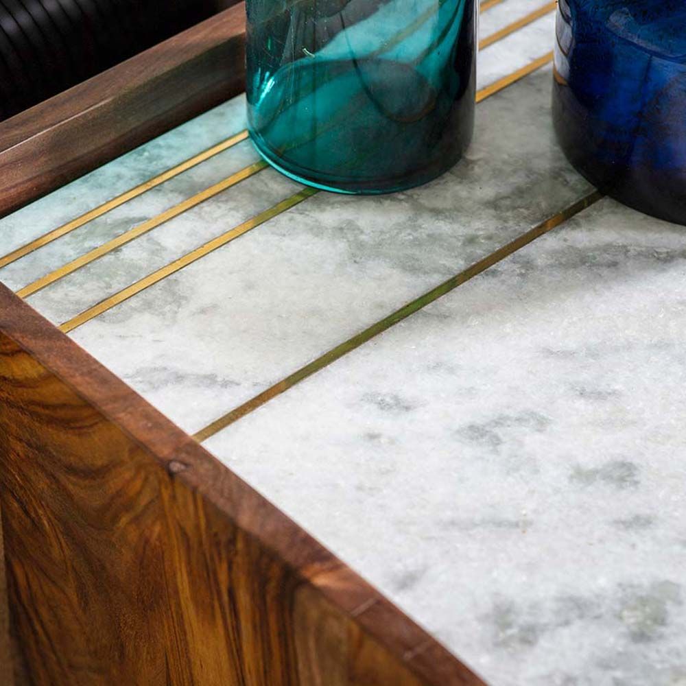 Suryavanshi Solid Sheesham Wood Sideboard Cabinet with White Marble Top, 4-Line Brass Inlay