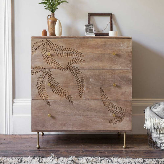 Fern Mango Wood Chest of  Drawers-  Nature-Inspired Storage with Artistic Detailing (W85 x D45 x H98cm)