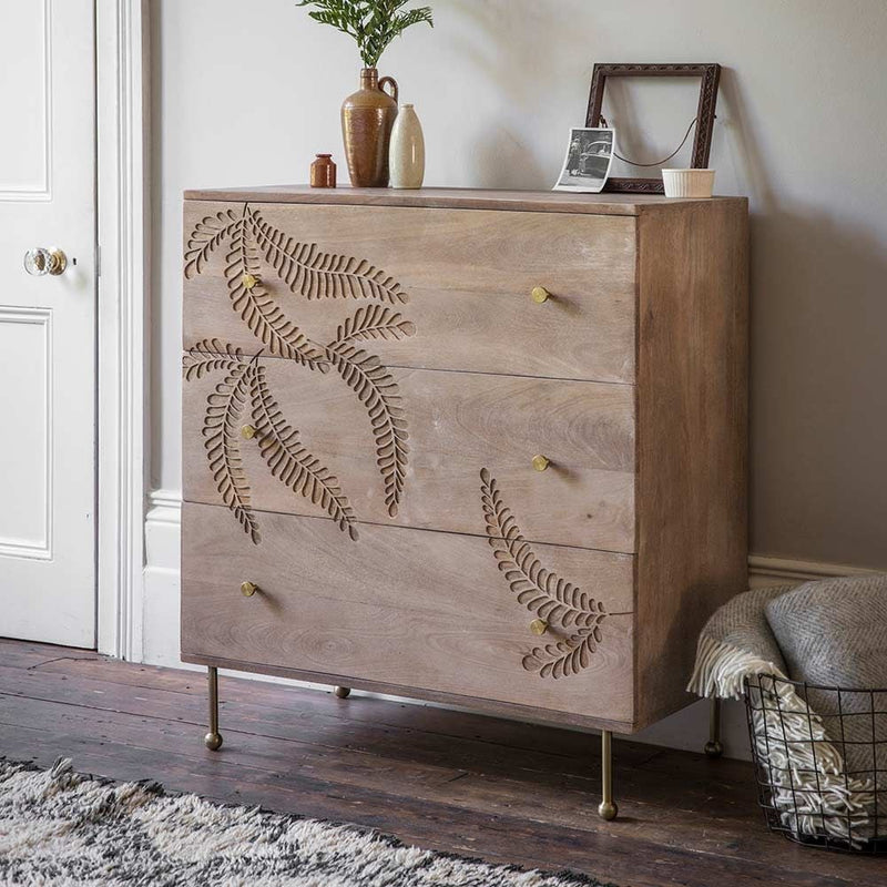 Fern Mango Wood Chest of Drawers- Nature-Inspired Storage with Artistic Detailing (W85 x D45 x H98cm)