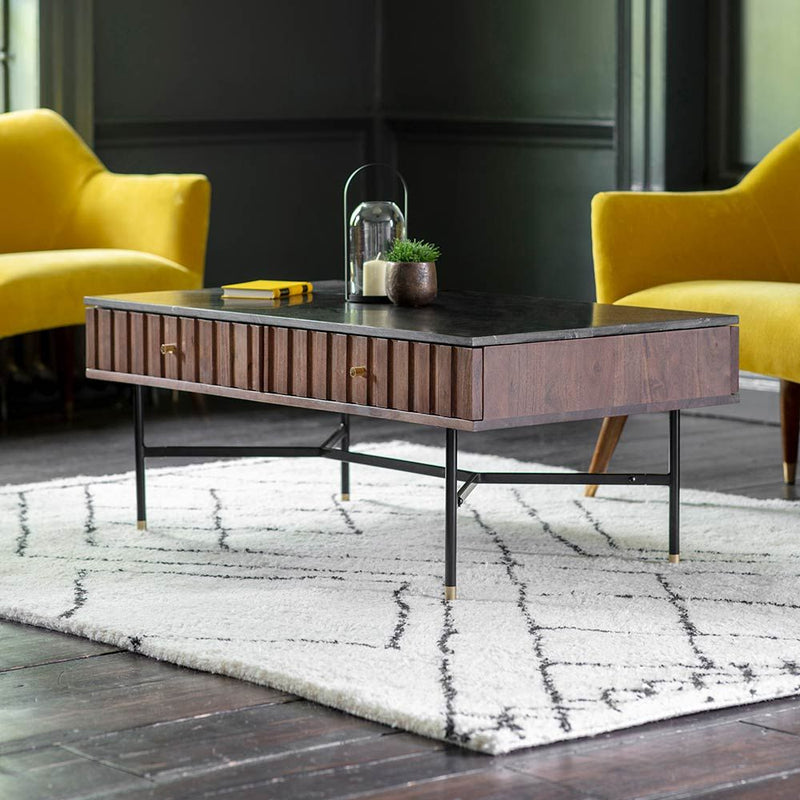 Suryavanshi Acacia Wood Berkeley Marble Coffee Table - Elegant Design and Ample Storage, Marble Coffee Table for Living Room, Coffee Table Marble top, Color Black