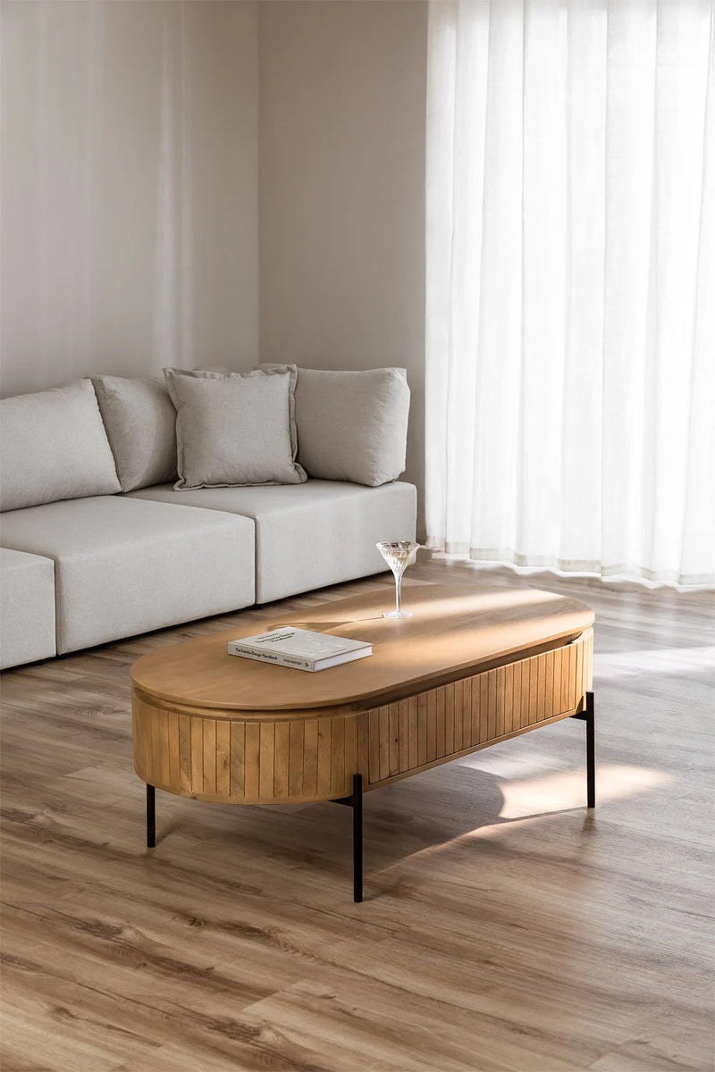 Mango Wood Coffee Table with Black Powder Coated Iron Legs (Oval Shape)