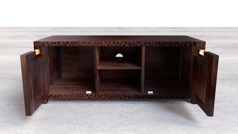 Suryavanshi Mango Wood TV Unit - Exquisite Carved Design and Spacious Storage (Mango Wood-Carving, W120cm x D45cm x H50cm)