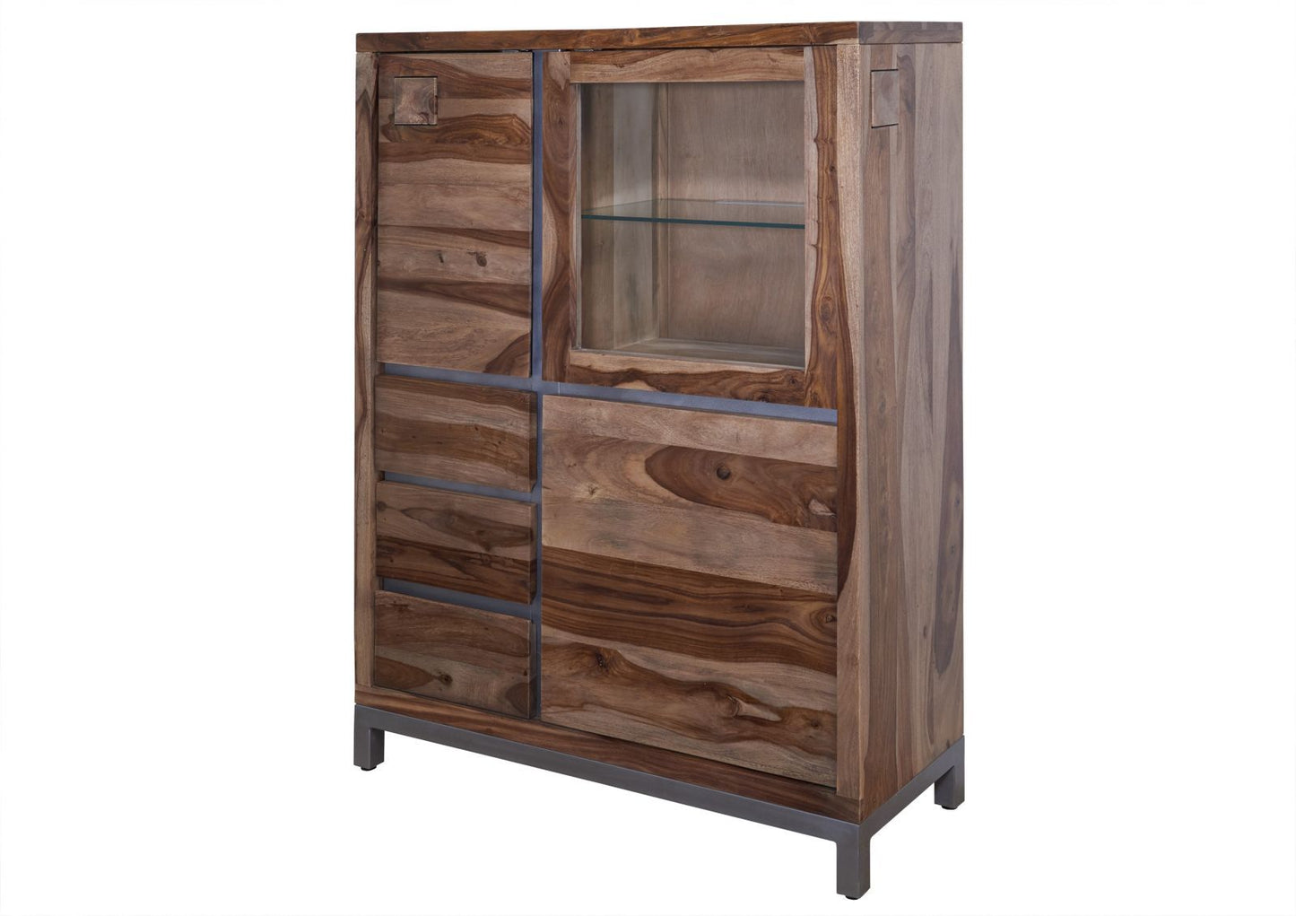 Suryavanshi Sheesham Wood Highboard with Iron Base and Frame - 3 Door, 3 Drawer Highboard with One Glass Door - Rustic and Modern Storage Furniture