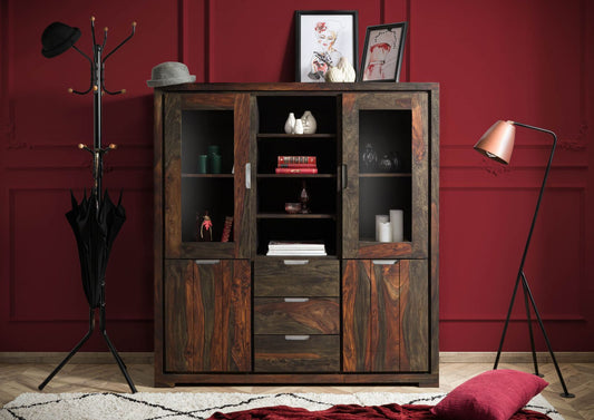 Suryavanshi Sheesham Wood Highboard with Glass Doors, 3 Drawers (heesham Wood, W140 D47 H150 cm)