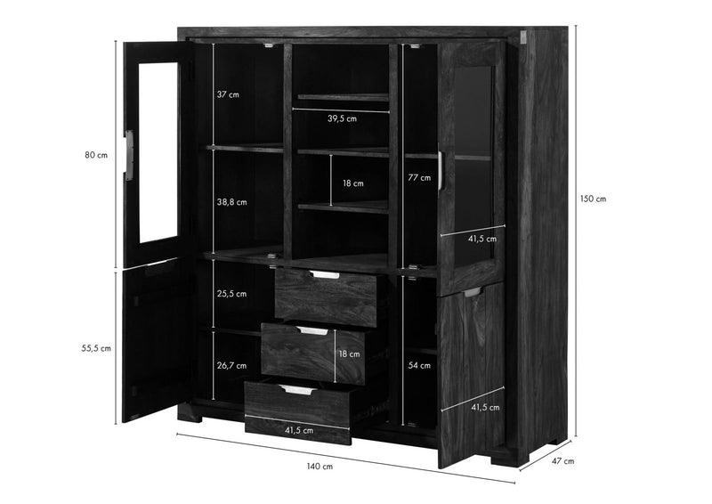 Suryavanshi Sheesham Wood Highboard with Glass Doors, 3 Drawers (heesham Wood, W140 D47 H150 cm)