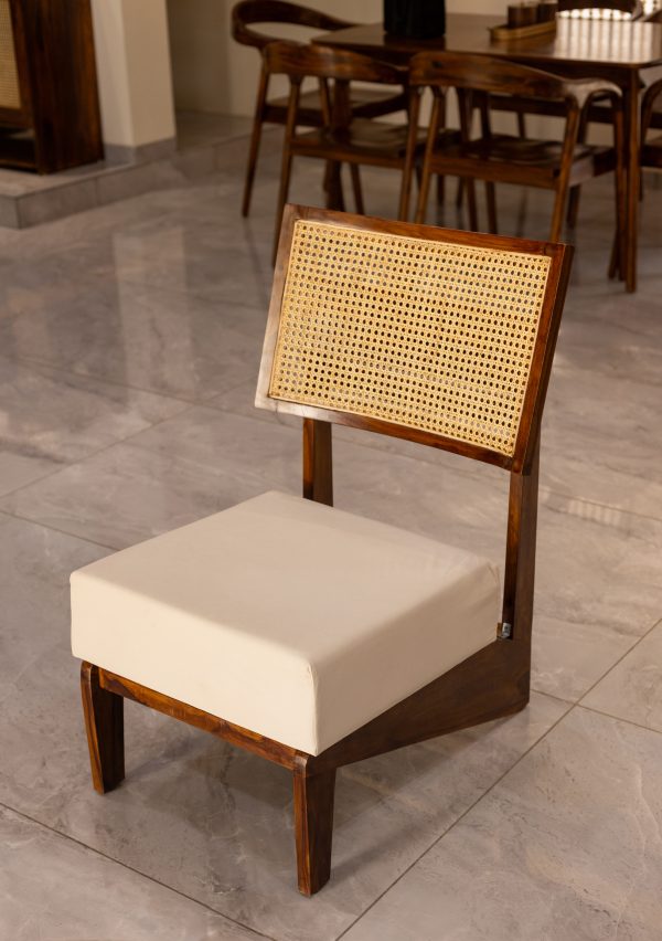 Suryavanshi Sheesham Wood Lounge Chair – Upholstered Cushioned Seat, Cane Work Backrest – Elegant and Comfortable Seating (W57 cm x D66 cm x H87 cm)