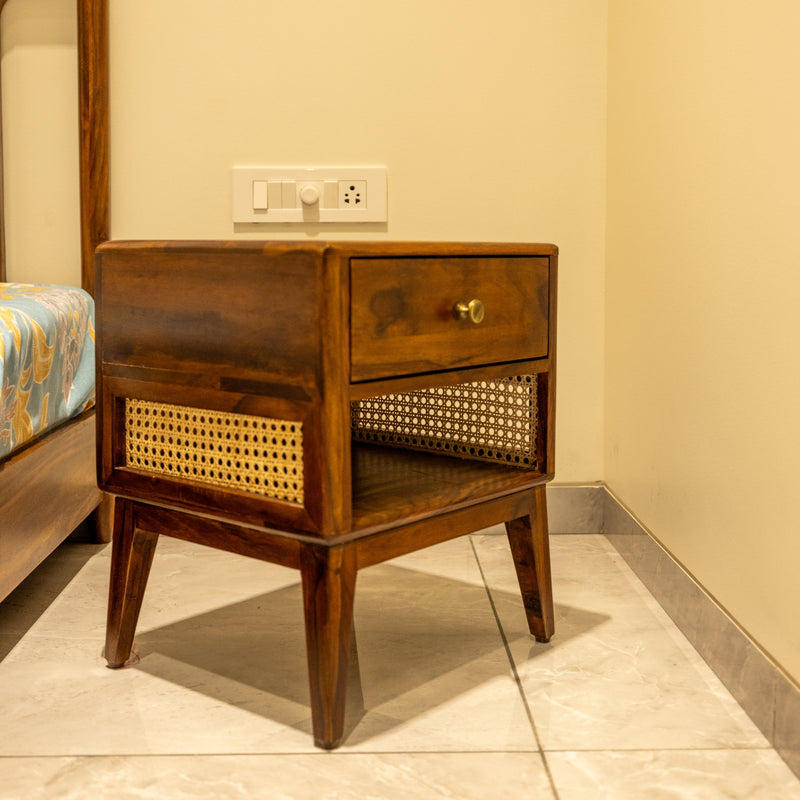 Suryavanshi Sheesham Wood Cane Bedside End Table Decorative Side Tables with 2 Drawers Storage for Bedroom Living Room Hotel (Natural Finish)