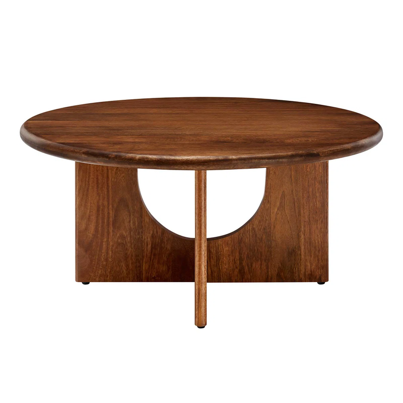 Suryavanshi Solid Mango Wood Round Coffee Table for Living Room – Mid-Century Modern Center Table with Geometric Base (Walnut Finish)