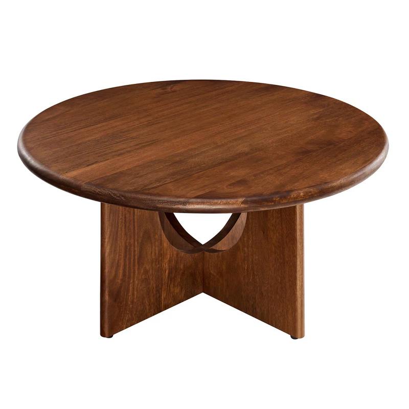 Suryavanshi Solid Mango Wood Round Coffee Table for Living Room – Mid-Century Modern Center Table with Geometric Base (Walnut Finish)