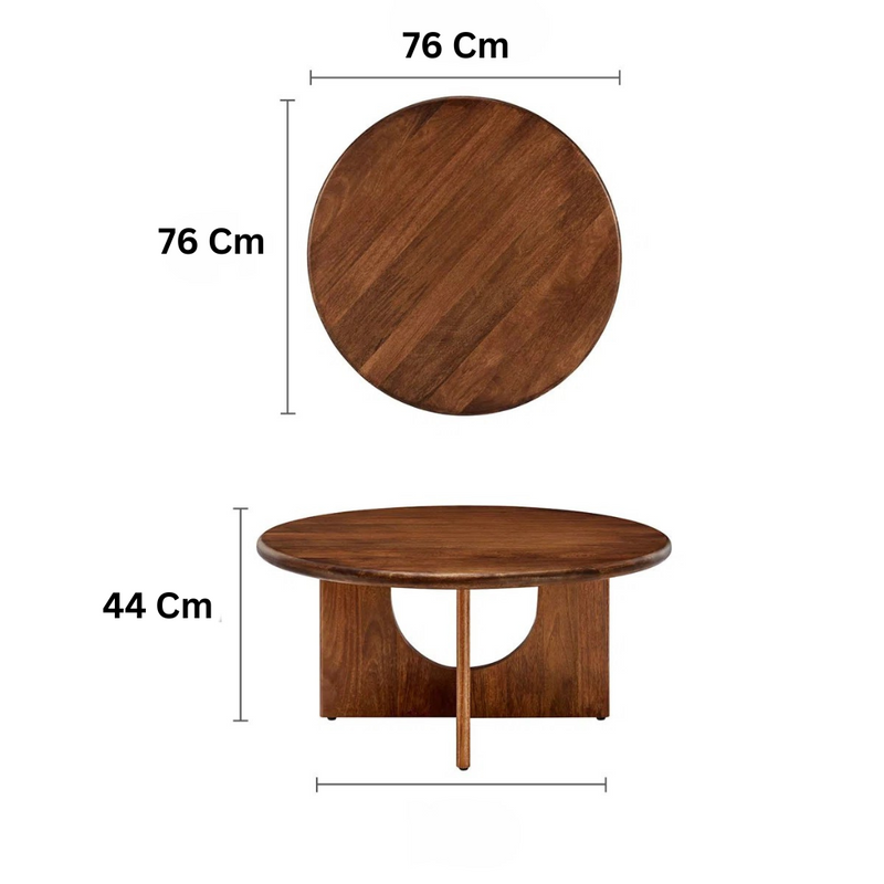 Suryavanshi Solid Mango Wood Round Coffee Table for Living Room – Mid-Century Modern Center Table with Geometric Base (Walnut Finish)