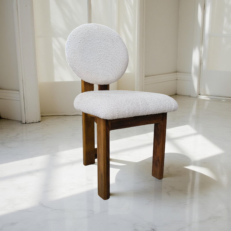 Sheesham Wood Dining Chair with White Round Back & Seat Cushion – Modern Upholstered Accent Chair