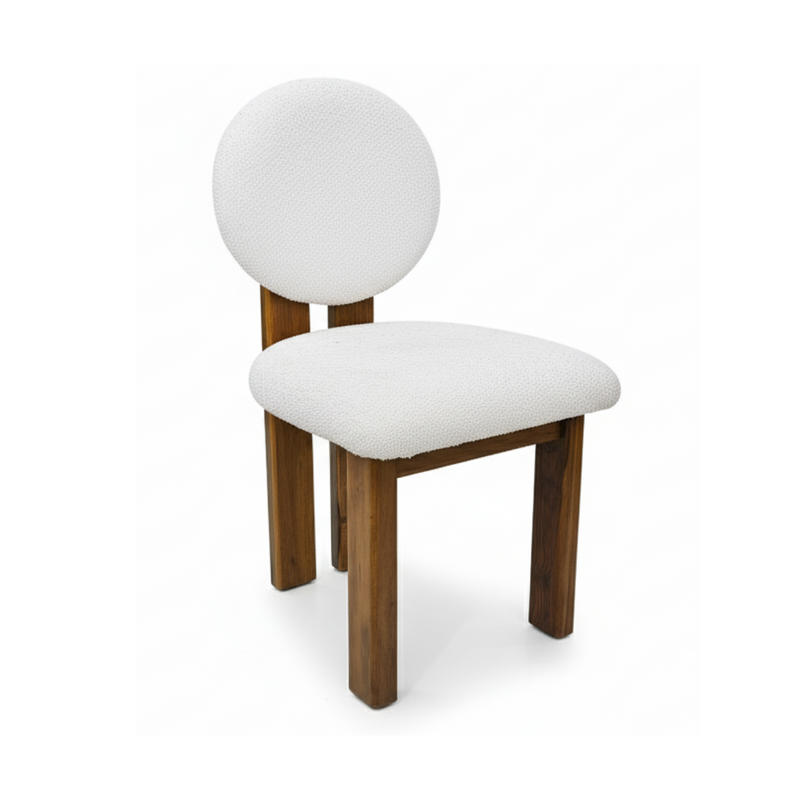Sheesham Wood Dining Chair with White Round Back & Seat Cushion – Modern Upholstered Accent Chair