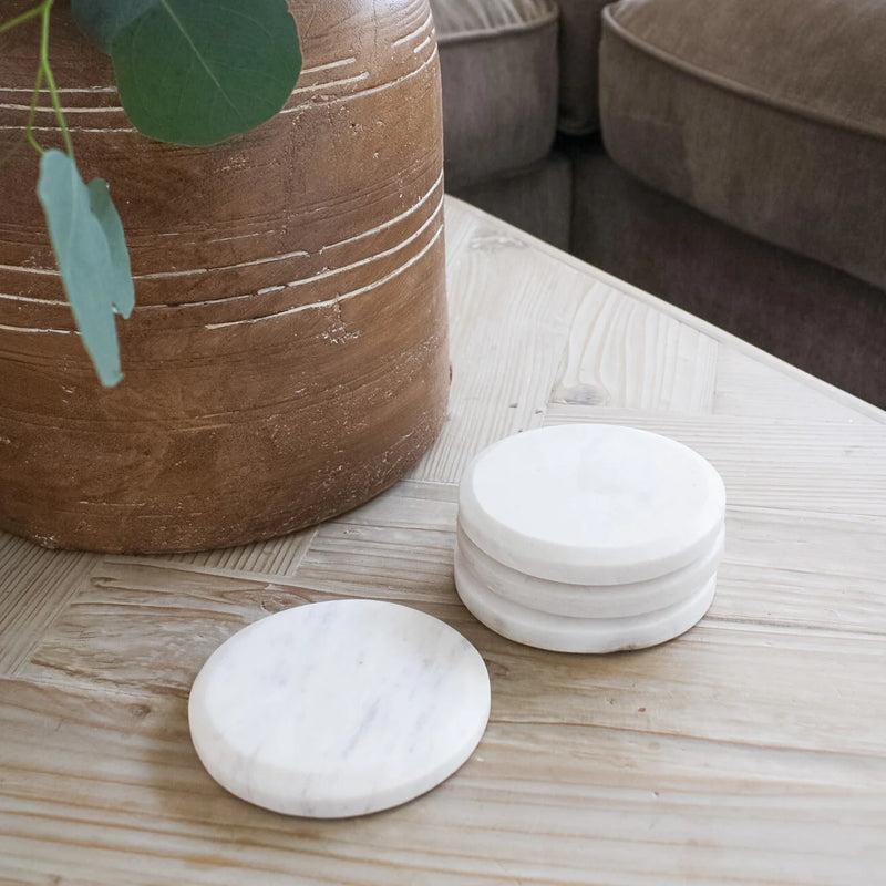 Suryavanshi Round White Marble Coasters | Set of 4 Cosmic Spin ( Measures - H6 x W10 x D10cm)