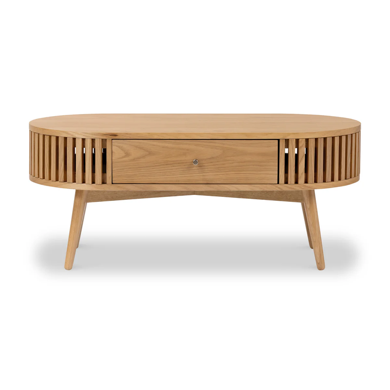 Suryavanshi Mid-Century Modern Oval Coffee Table with Storage Drawer, Natural Mango Wood, Slatted Design | Stylish Living Room Centerpiece