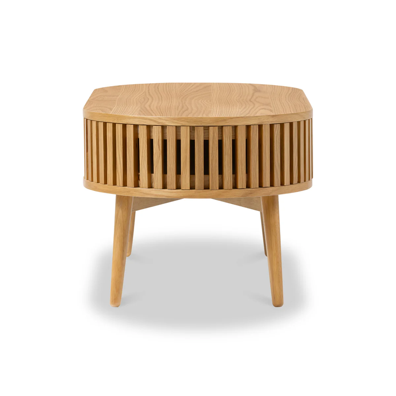 Suryavanshi Mid-Century Modern Oval Coffee Table with Storage Drawer, Natural Mango Wood, Slatted Design | Stylish Living Room Centerpiece