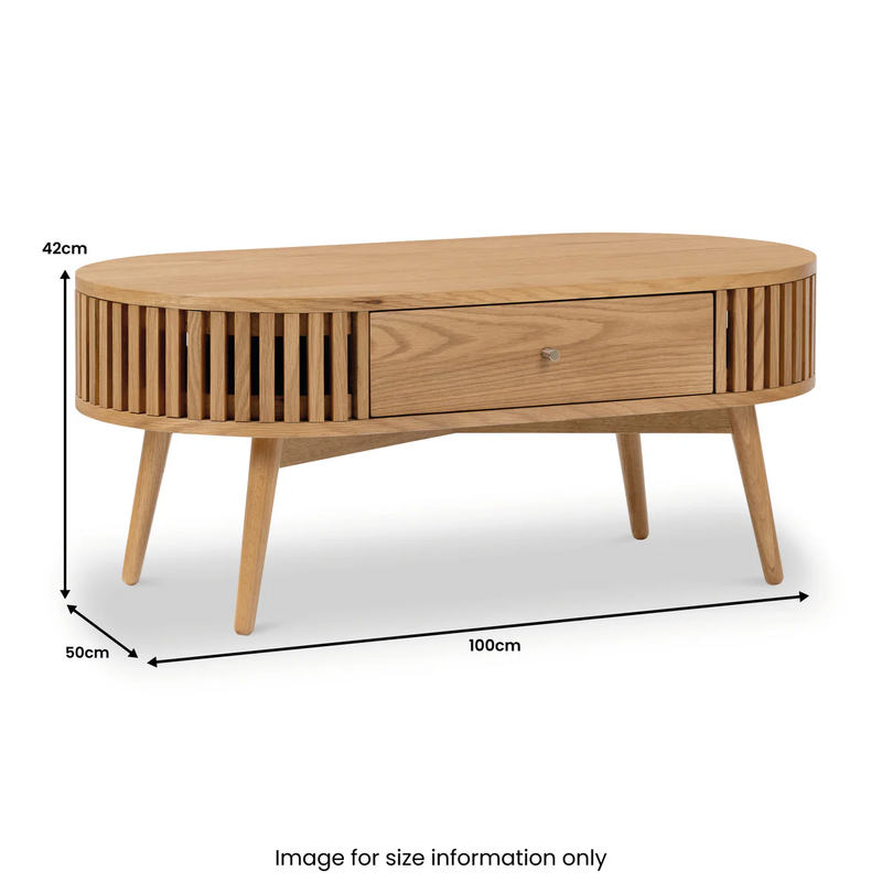 Suryavanshi Mid-Century Modern Oval Coffee Table with Storage Drawer, Natural Mango Wood, Slatted Design | Stylish Living Room Centerpiece