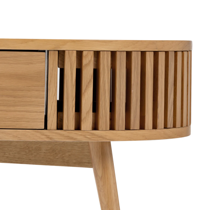 Suryavanshi Mid-Century Modern Oval Coffee Table with Storage Drawer, Natural Mango Wood, Slatted Design | Stylish Living Room Centerpiece