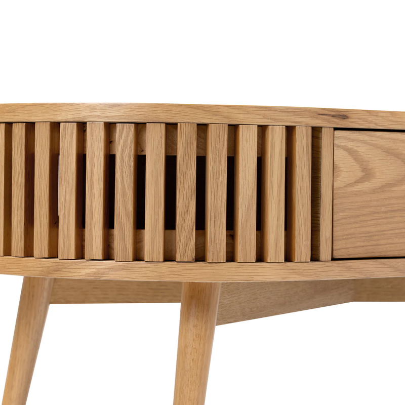 Suryavanshi Mid-Century Modern Oval Coffee Table with Storage Drawer, Natural Mango Wood, Slatted Design | Stylish Living Room Centerpiece